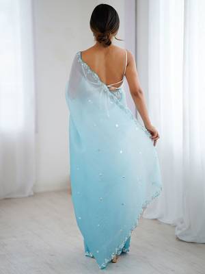 Blue embellished beads and stones  chiffon saree 4