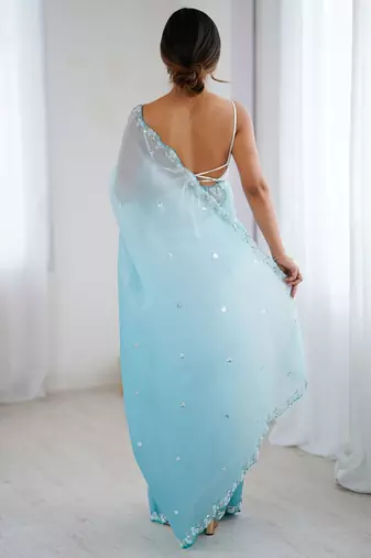 Blue embellished beads and stones  chiffon saree