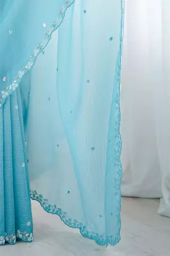 Blue embellished beads and stones  chiffon saree