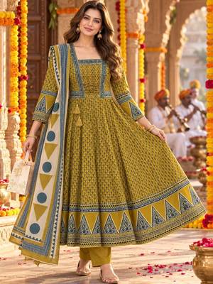 women ethnic motifs printed empire  cotton kurta with trousers & with dupatta 1
