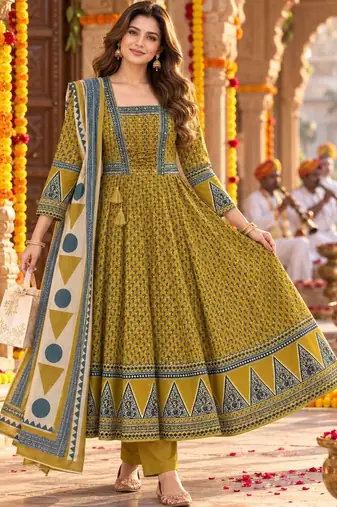 women ethnic motifs printed empire  cotton kurta with trousers & with dupatta