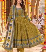 women ethnic motifs printed empire  cotton kurta with trousers & with dupatta