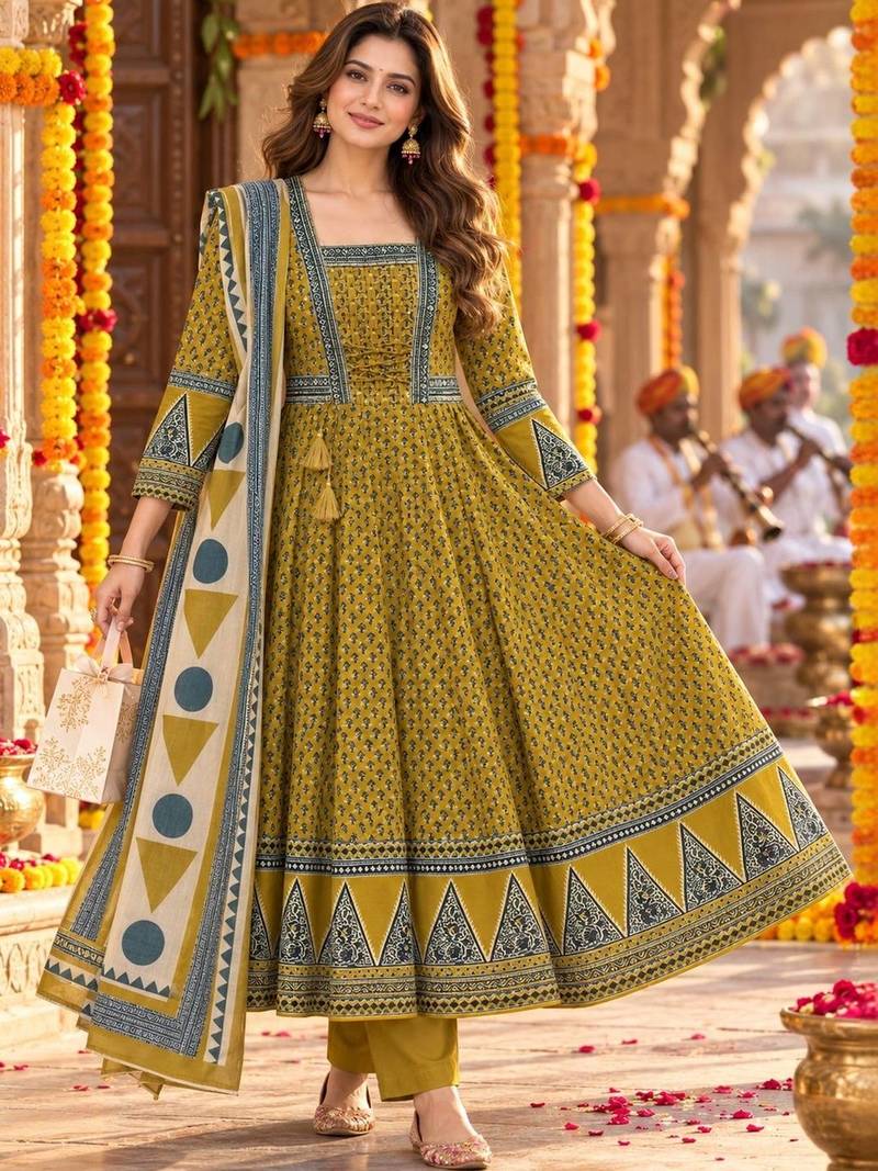 women ethnic motifs printed empire  cotton kurta with trousers & with dupatta