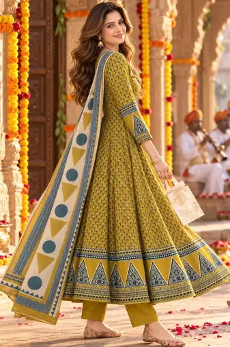 women ethnic motifs printed empire  cotton kurta with trousers & with dupatta