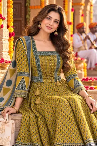 women ethnic motifs printed empire  cotton kurta with trousers & with dupatta