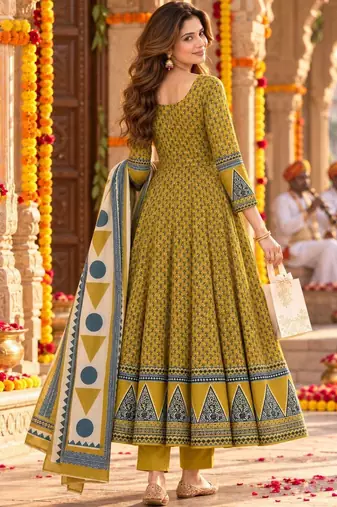 women ethnic motifs printed empire  cotton kurta with trousers & with dupatta