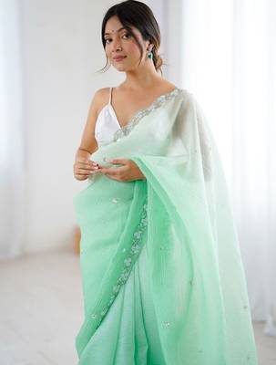 Sea green embroidered ombre embellished beads and stones border  chiffon party wear saree 1