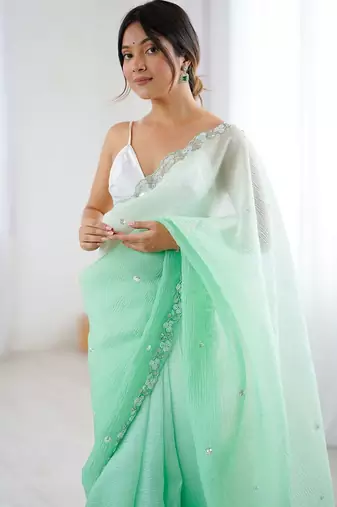 Sea green embroidered ombre embellished beads and stones border  chiffon party wear saree