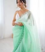 Sea green embroidered ombre embellished beads and stones border  chiffon party wear saree