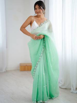 Sea green embroidered ombre embellished beads and stones border  chiffon party wear saree 2