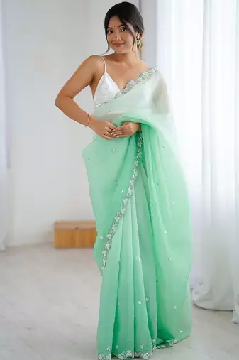 Sea green embroidered ombre embellished beads and stones border  chiffon party wear saree