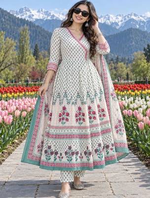 women floral printed angrakha  cotton kurta with trousers & with dupatta 1