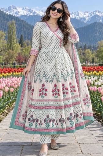 women floral printed angrakha  cotton kurta with trousers & with dupatta