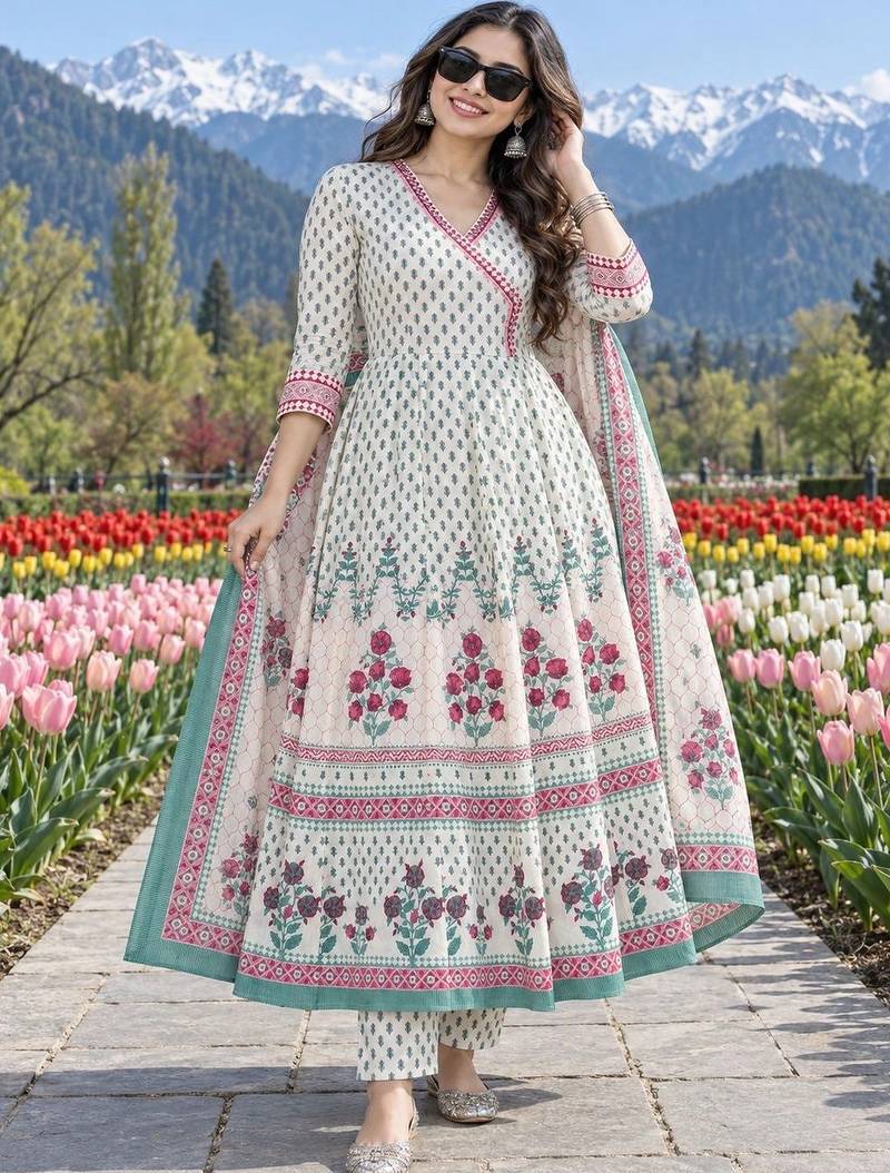 women floral printed angrakha  cotton kurta with trousers & with dupatta