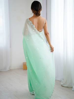 Sea green embroidered ombre embellished beads and stones border  chiffon party wear saree 3