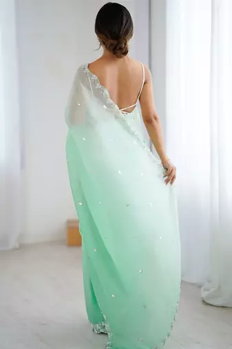Sea green embroidered ombre embellished beads and stones border  chiffon party wear saree
