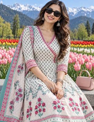 women floral printed angrakha  cotton kurta with trousers & with dupatta 2