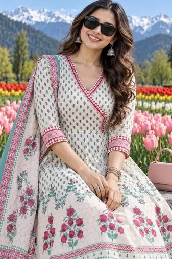 women floral printed angrakha  cotton kurta with trousers & with dupatta