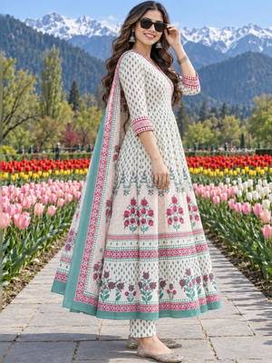women floral printed angrakha  cotton kurta with trousers & with dupatta 3
