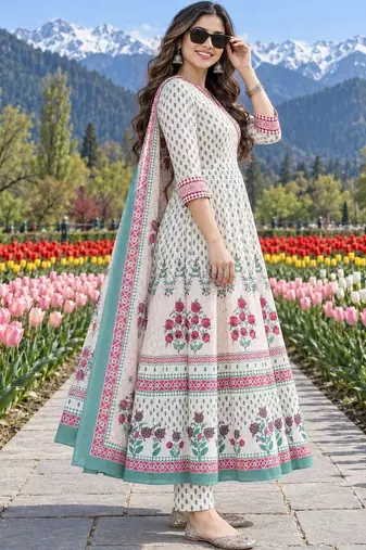 women floral printed angrakha  cotton kurta with trousers & with dupatta