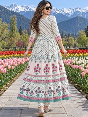 women floral printed angrakha  cotton kurta with trousers & with dupatta 4