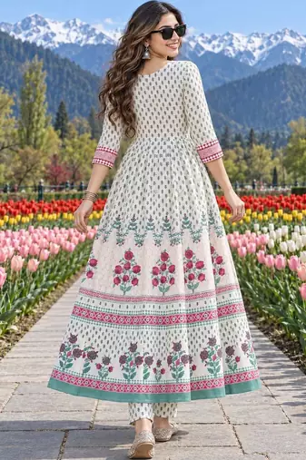 women floral printed angrakha  cotton kurta with trousers & with dupatta