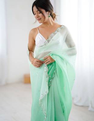 Sea green embroidered ombre embellished beads and stones border  chiffon party wear saree 4