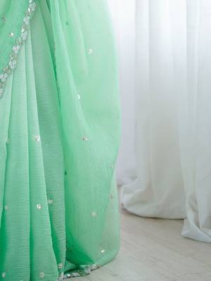 Sea green embroidered ombre embellished beads and stones border  chiffon party wear saree 5
