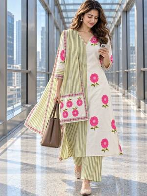 women floral printed regular  cotton kurta with trousers & with dupatta 1