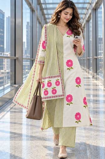 women floral printed regular  cotton kurta with trousers & with dupatta