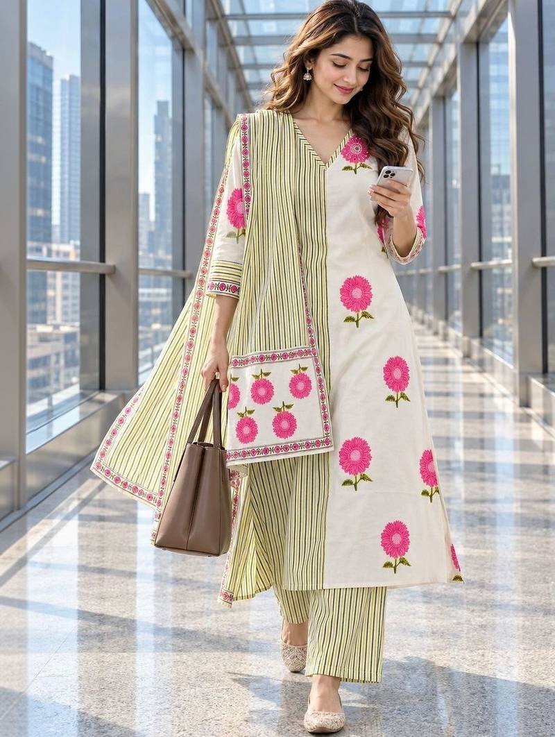 women floral printed regular  cotton kurta with trousers & with dupatta