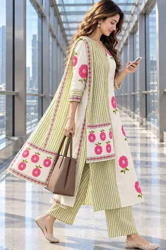 women floral printed regular  cotton kurta with trousers & with dupatta