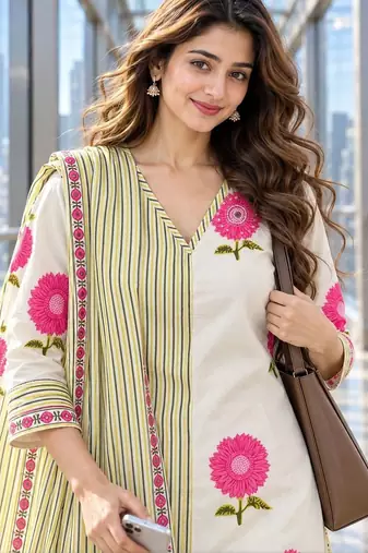 women floral printed regular  cotton kurta with trousers & with dupatta