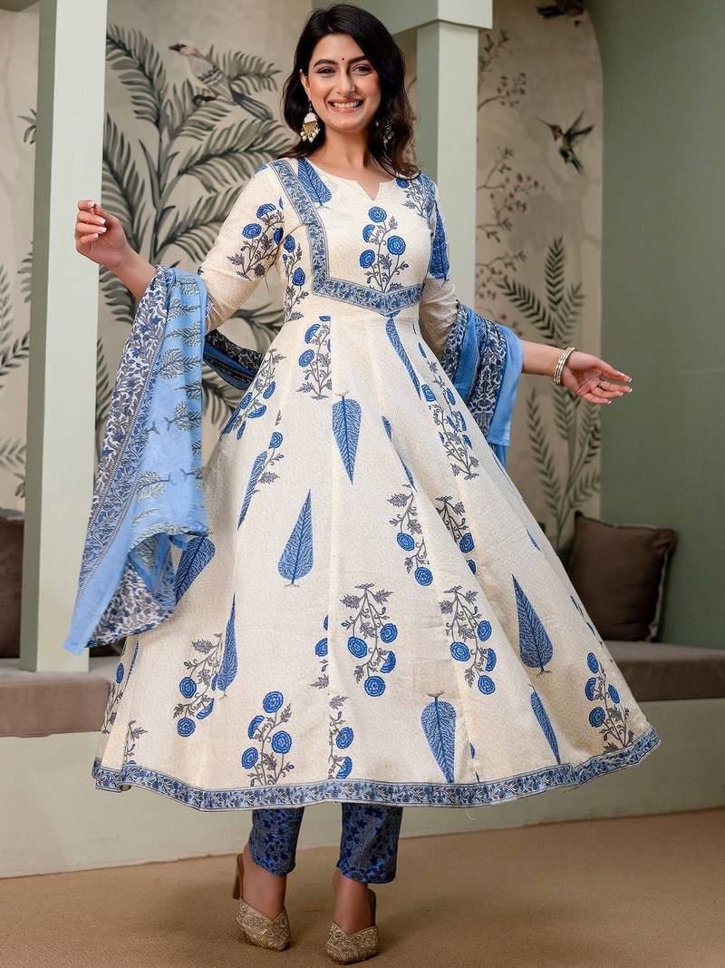 women floral printed empire  cotton kurta with trousers & with dupatta