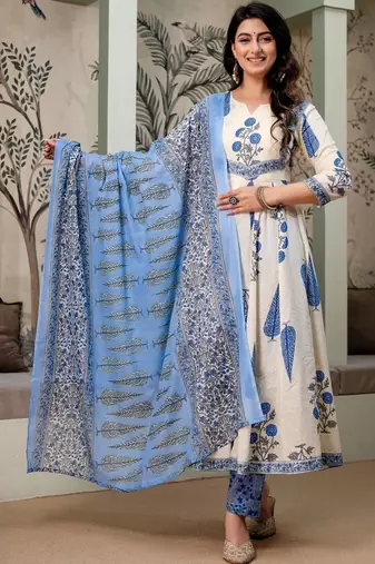 women floral printed empire  cotton kurta with trousers & with dupatta
