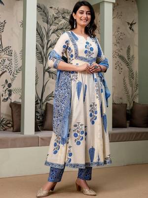 women floral printed empire  cotton kurta with trousers & with dupatta 7