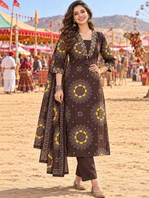 women ethnic motifs printed regular  cotton kurta with trousers & with dupatta 1