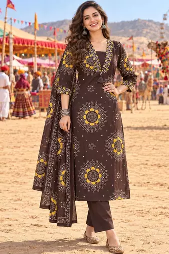 women ethnic motifs printed regular  cotton kurta with trousers & with dupatta