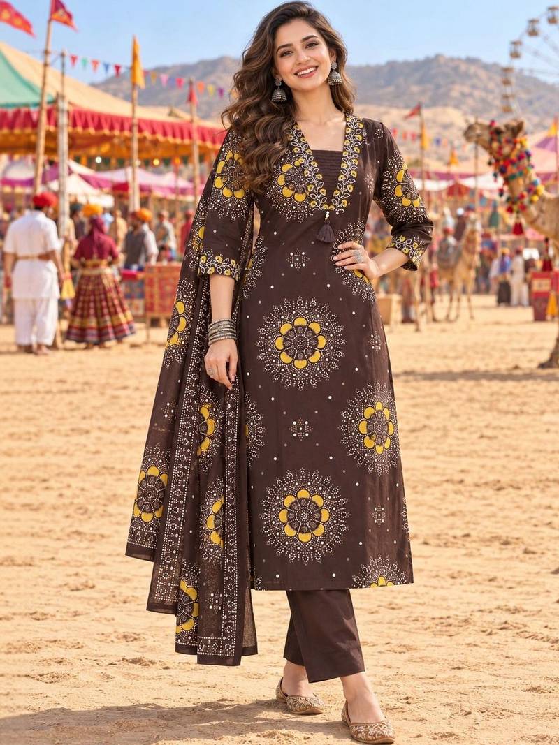women ethnic motifs printed regular  cotton kurta with trousers & with dupatta