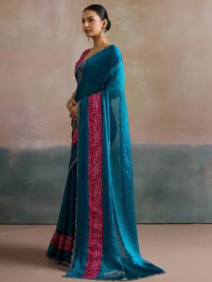 Blue blue  chiffon  sarees with blouse 4