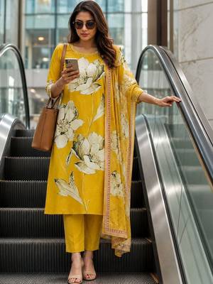 women floral printed regular thread work  cotton kurta with trousers & with dupatta 1