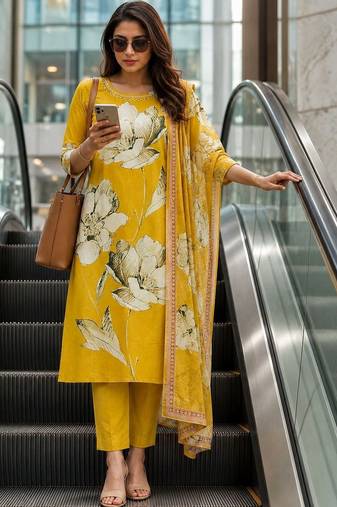 women floral printed regular thread work  cotton kurta with trousers & with dupatta