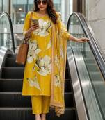 women floral printed regular thread work  cotton kurta with trousers & with dupatta