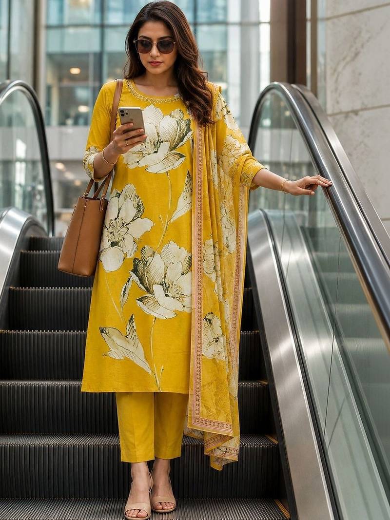 women floral printed regular thread work  cotton kurta with trousers & with dupatta