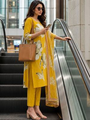 women floral printed regular thread work  cotton kurta with trousers & with dupatta 2