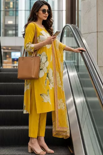 women floral printed regular thread work  cotton kurta with trousers & with dupatta