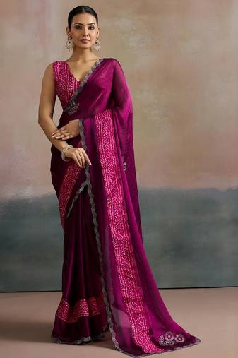 Pink embellished beads and stones chiffon designer saree