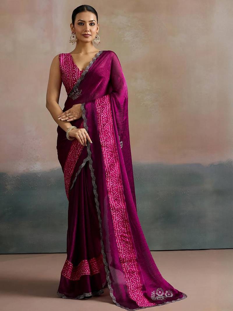 Pink embellished beads and stones chiffon designer saree