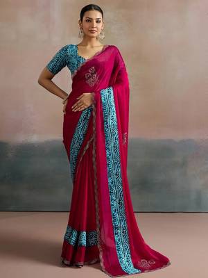 Pink women embellished beads and stones  chiffon designer saree 1