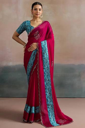 Pink women embellished beads and stones  chiffon designer saree
